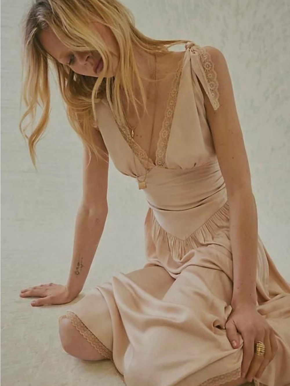 Free People One Phoenix MIDI Dress in Peach, Size: XS Delicate Lace-Trim